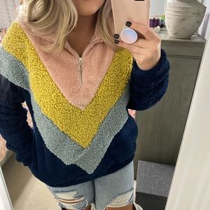 Fuzzy Color Block Pullover
